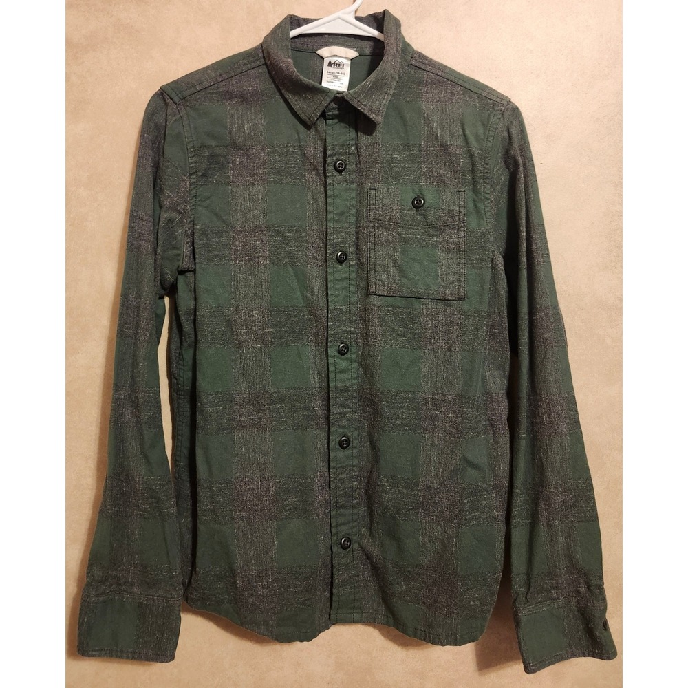 REI Co-op Kids Large 14-16 Green‎ Plaid Button Down Flannel Shirt Long Sleeve